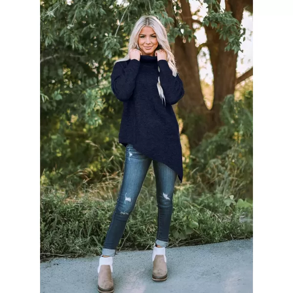 BTFBM Women Long Sleeve Turtleneck Knit Sweater Asymmetric Hem Oversized Fall Winter Sweaters Casual Pullover JumperSolid Navy