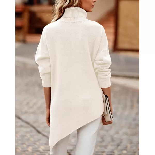 BTFBM Women Long Sleeve Turtleneck Knit Sweater Asymmetric Hem Oversized Fall Winter Sweaters Casual Pullover JumperSolid White