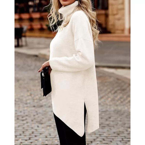 BTFBM Women Long Sleeve Turtleneck Knit Sweater Asymmetric Hem Oversized Fall Winter Sweaters Casual Pullover JumperSolid White