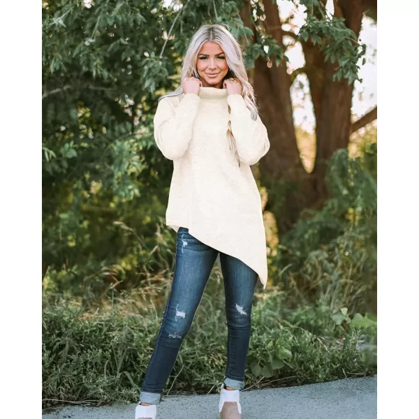 BTFBM Women Long Sleeve Turtleneck Knit Sweater Asymmetric Hem Oversized Fall Winter Sweaters Casual Pullover JumperSolid White