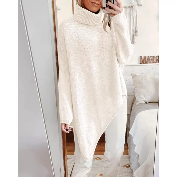 BTFBM Women Long Sleeve Turtleneck Knit Sweater Asymmetric Hem Oversized Fall Winter Sweaters Casual Pullover JumperSolid White