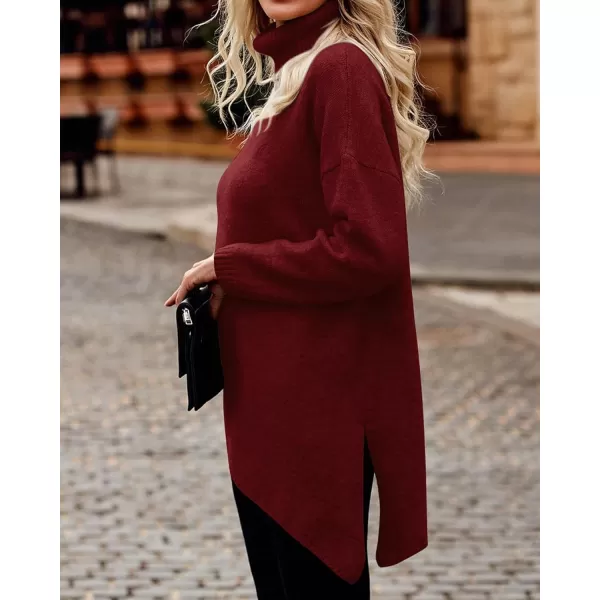 BTFBM Women Long Sleeve Turtleneck Knit Sweater Asymmetric Hem Oversized Fall Winter Sweaters Casual Pullover JumperSolid Wine Red