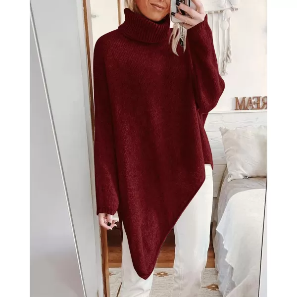BTFBM Women Long Sleeve Turtleneck Knit Sweater Asymmetric Hem Oversized Fall Winter Sweaters Casual Pullover JumperSolid Wine Red