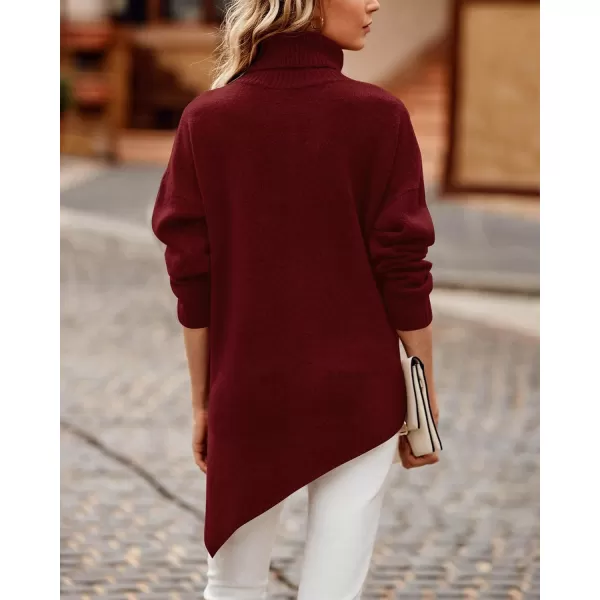 BTFBM Women Long Sleeve Turtleneck Knit Sweater Asymmetric Hem Oversized Fall Winter Sweaters Casual Pullover JumperSolid Wine Red