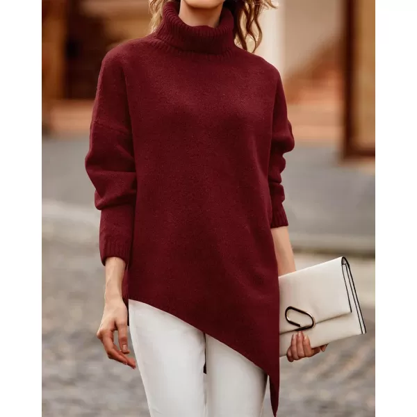 BTFBM Women Long Sleeve Turtleneck Knit Sweater Asymmetric Hem Oversized Fall Winter Sweaters Casual Pullover JumperSolid Wine Red