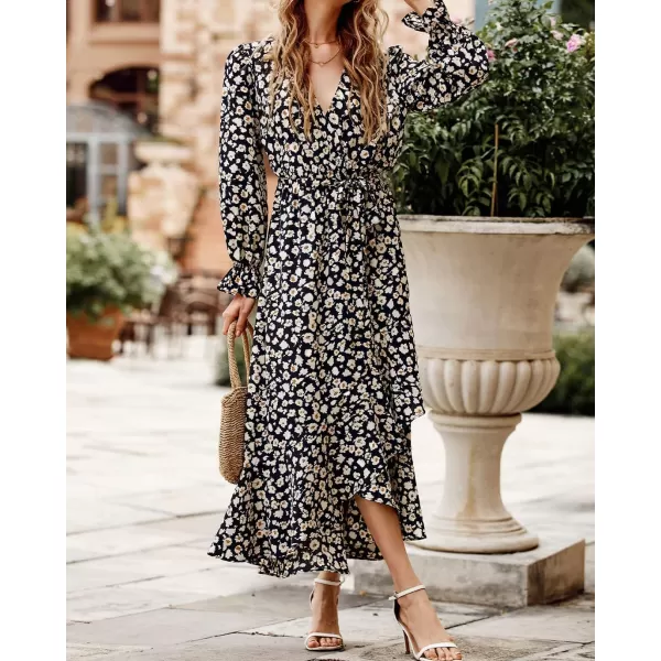BTFBM Women Long Sleeve Wrap Maxi Dress V Neck Boho Floral High Waist Flowy Ruffle 2024 Spring Summer Dresses with BeltBig Floral Black