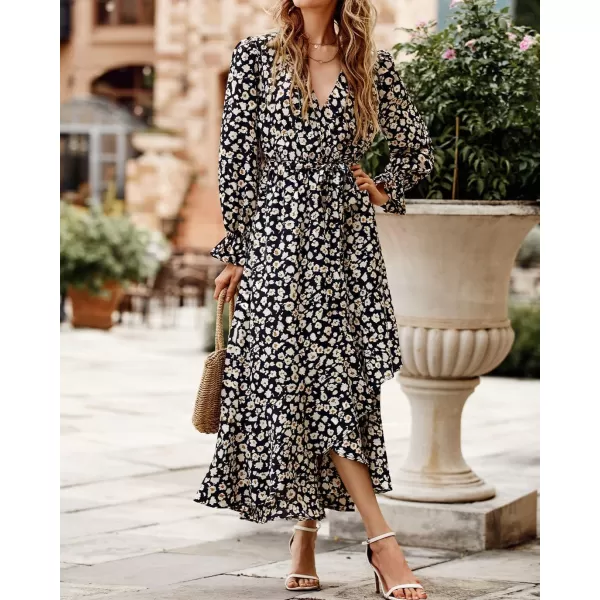 BTFBM Women Long Sleeve Wrap Maxi Dress V Neck Boho Floral High Waist Flowy Ruffle 2024 Spring Summer Dresses with BeltBig Floral Black