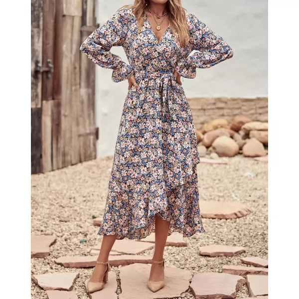 BTFBM Women Long Sleeve Wrap Maxi Dress V Neck Boho Floral High Waist Flowy Ruffle 2024 Spring Summer Dresses with BeltBig Floral Blue White