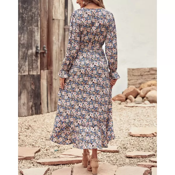 BTFBM Women Long Sleeve Wrap Maxi Dress V Neck Boho Floral High Waist Flowy Ruffle 2024 Spring Summer Dresses with BeltBig Floral Blue White
