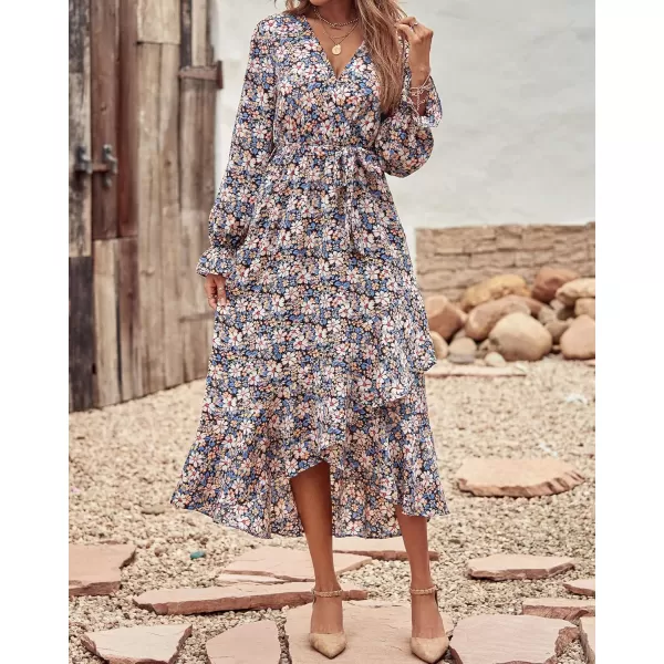 BTFBM Women Long Sleeve Wrap Maxi Dress V Neck Boho Floral High Waist Flowy Ruffle 2024 Spring Summer Dresses with BeltBig Floral Blue White