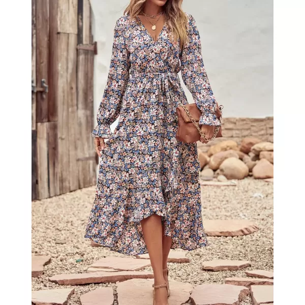 BTFBM Women Long Sleeve Wrap Maxi Dress V Neck Boho Floral High Waist Flowy Ruffle 2024 Spring Summer Dresses with BeltBig Floral Blue White