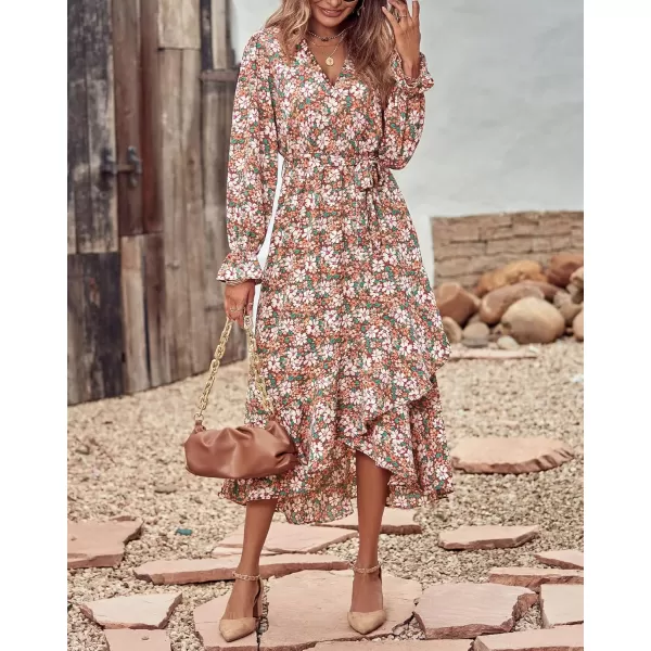 BTFBM Women Long Sleeve Wrap Maxi Dress V Neck Boho Floral High Waist Flowy Ruffle 2024 Spring Summer Dresses with BeltBig Floral Brown Green
