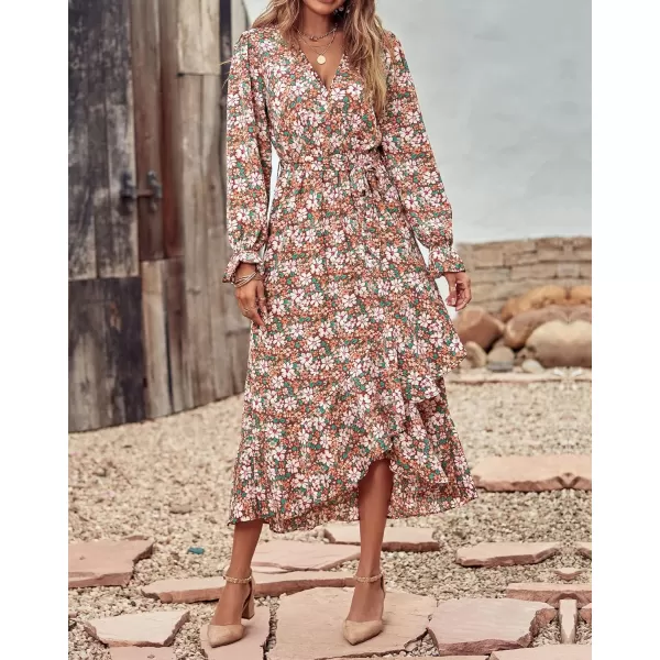 BTFBM Women Long Sleeve Wrap Maxi Dress V Neck Boho Floral High Waist Flowy Ruffle 2024 Spring Summer Dresses with BeltBig Floral Brown Green