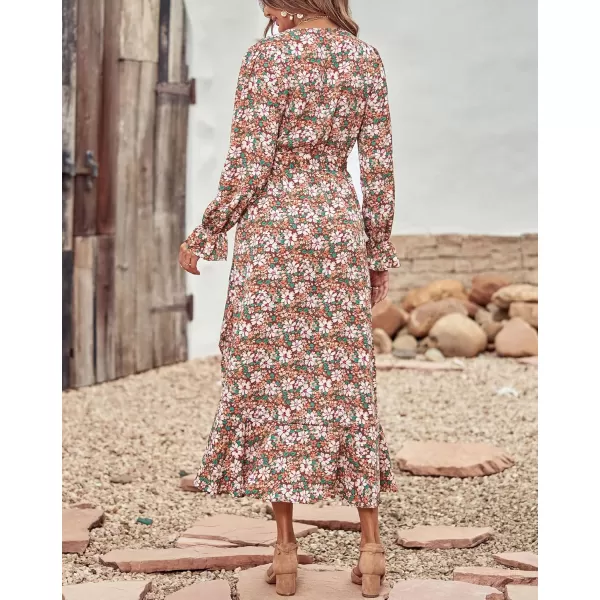 BTFBM Women Long Sleeve Wrap Maxi Dress V Neck Boho Floral High Waist Flowy Ruffle 2024 Spring Summer Dresses with BeltBig Floral Brown Green
