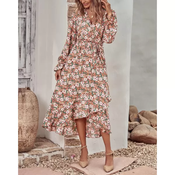 BTFBM Women Long Sleeve Wrap Maxi Dress V Neck Boho Floral High Waist Flowy Ruffle 2024 Spring Summer Dresses with BeltBig Floral Brown Green