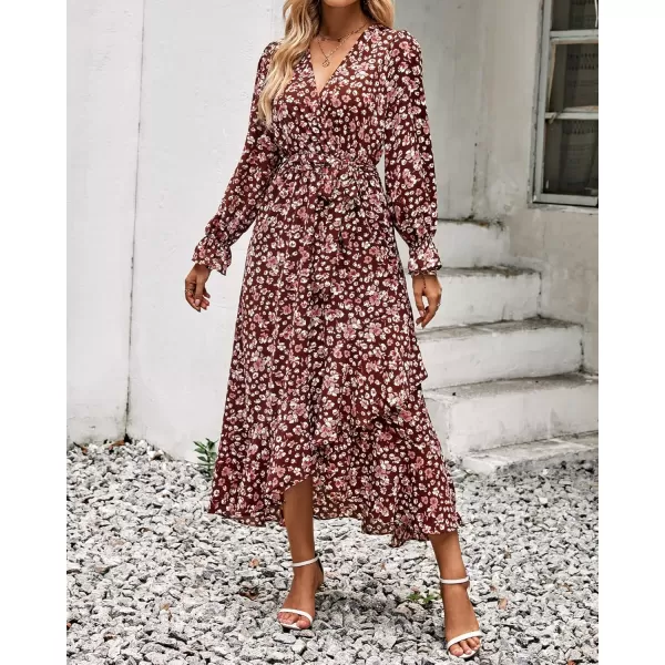 BTFBM Women Long Sleeve Wrap Maxi Dress V Neck Boho Floral High Waist Flowy Ruffle 2024 Spring Summer Dresses with BeltBig Floral Wine Red