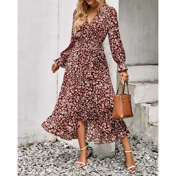 BTFBM Women Long Sleeve Wrap Maxi Dress V Neck Boho Floral High Waist Flowy Ruffle 2024 Spring Summer Dresses with BeltBig Floral Wine Red
