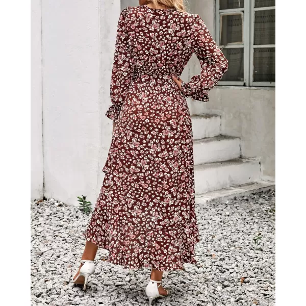 BTFBM Women Long Sleeve Wrap Maxi Dress V Neck Boho Floral High Waist Flowy Ruffle 2024 Spring Summer Dresses with BeltBig Floral Wine Red