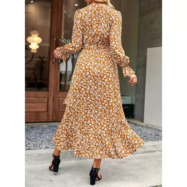 BTFBM Women Long Sleeve Wrap Maxi Dress V Neck Boho Floral High Waist Flowy Ruffle 2024 Spring Summer Dresses with BeltBig Floral Yellow