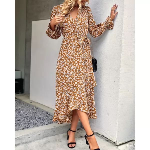 BTFBM Women Long Sleeve Wrap Maxi Dress V Neck Boho Floral High Waist Flowy Ruffle 2024 Spring Summer Dresses with BeltBig Floral Yellow