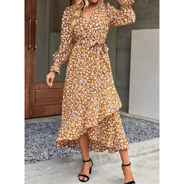 BTFBM Women Long Sleeve Wrap Maxi Dress V Neck Boho Floral High Waist Flowy Ruffle 2024 Spring Summer Dresses with BeltBig Floral Yellow