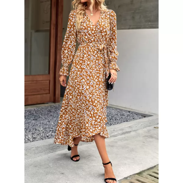 BTFBM Women Long Sleeve Wrap Maxi Dress V Neck Boho Floral High Waist Flowy Ruffle 2024 Spring Summer Dresses with BeltBig Floral Yellow