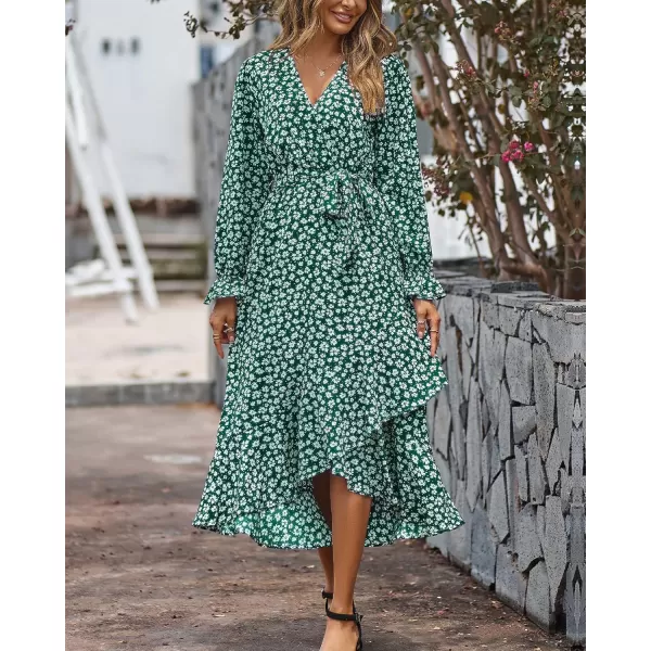BTFBM Women Long Sleeve Wrap Maxi Dress V Neck Boho Floral High Waist Flowy Ruffle 2024 Spring Summer Dresses with BeltDaisy White Dark Green