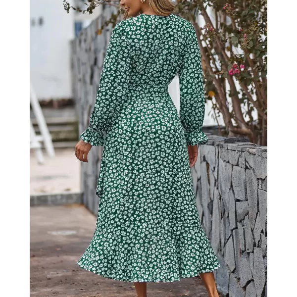 BTFBM Women Long Sleeve Wrap Maxi Dress V Neck Boho Floral High Waist Flowy Ruffle 2024 Spring Summer Dresses with BeltDaisy White Dark Green
