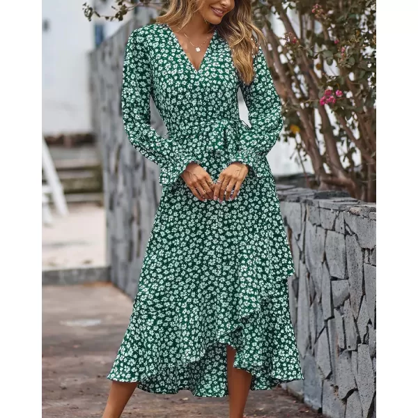BTFBM Women Long Sleeve Wrap Maxi Dress V Neck Boho Floral High Waist Flowy Ruffle 2024 Spring Summer Dresses with BeltDaisy White Dark Green