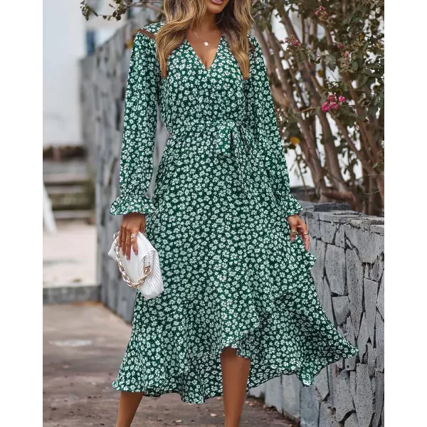 BTFBM Women Long Sleeve Wrap Maxi Dress V Neck Boho Floral High Waist Flowy Ruffle 2024 Spring Summer Dresses with BeltDaisy White Dark Green