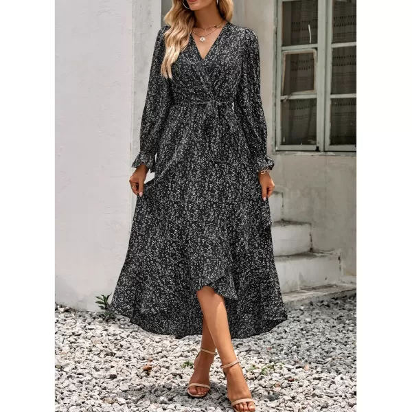 BTFBM Women Long Sleeve Wrap Maxi Dress V Neck Boho Floral High Waist Flowy Ruffle 2024 Spring Summer Dresses with BeltFloral Black