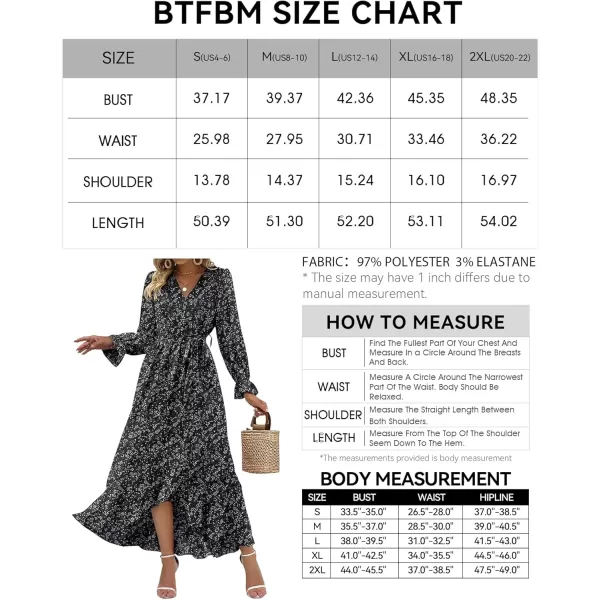 BTFBM Women Long Sleeve Wrap Maxi Dress V Neck Boho Floral High Waist Flowy Ruffle 2024 Spring Summer Dresses with BeltFloral Black