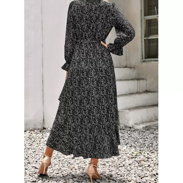 BTFBM Women Long Sleeve Wrap Maxi Dress V Neck Boho Floral High Waist Flowy Ruffle 2024 Spring Summer Dresses with BeltFloral Black