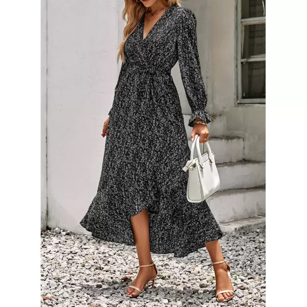 BTFBM Women Long Sleeve Wrap Maxi Dress V Neck Boho Floral High Waist Flowy Ruffle 2024 Spring Summer Dresses with BeltFloral Black