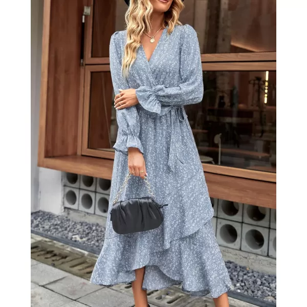 BTFBM Women Long Sleeve Wrap Maxi Dress V Neck Boho Floral High Waist Flowy Ruffle 2024 Spring Summer Dresses with BeltFloral Blue