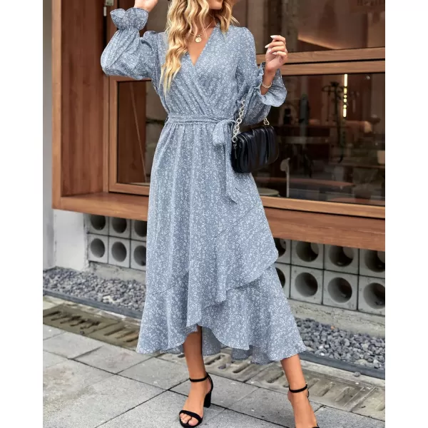 BTFBM Women Long Sleeve Wrap Maxi Dress V Neck Boho Floral High Waist Flowy Ruffle 2024 Spring Summer Dresses with BeltFloral Blue