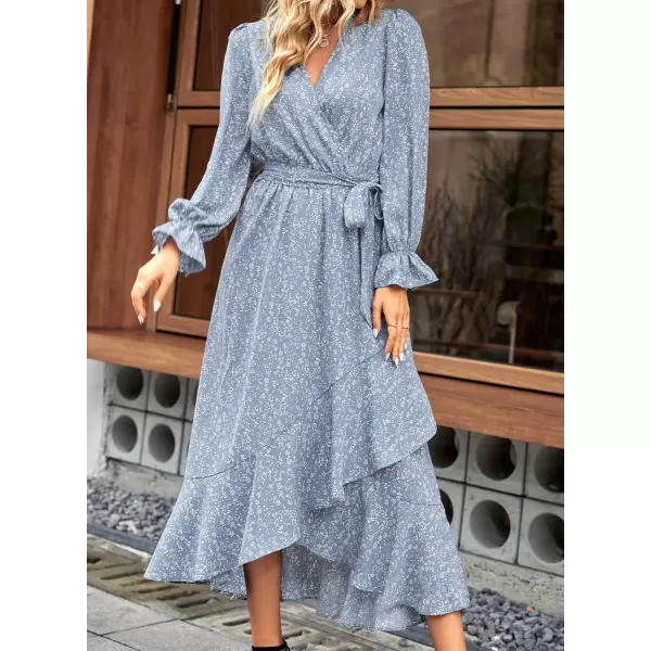 BTFBM Women Long Sleeve Wrap Maxi Dress V Neck Boho Floral High Waist Flowy Ruffle 2024 Spring Summer Dresses with BeltFloral Blue