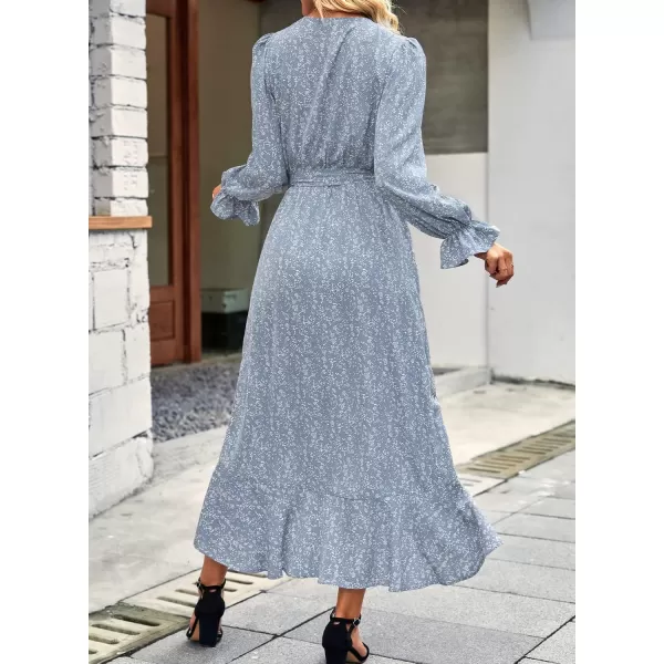 BTFBM Women Long Sleeve Wrap Maxi Dress V Neck Boho Floral High Waist Flowy Ruffle 2024 Spring Summer Dresses with BeltFloral Blue