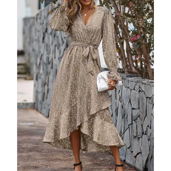 BTFBM Women Long Sleeve Wrap Maxi Dress V Neck Boho Floral High Waist Flowy Ruffle 2024 Spring Summer Dresses with BeltFloral Brown