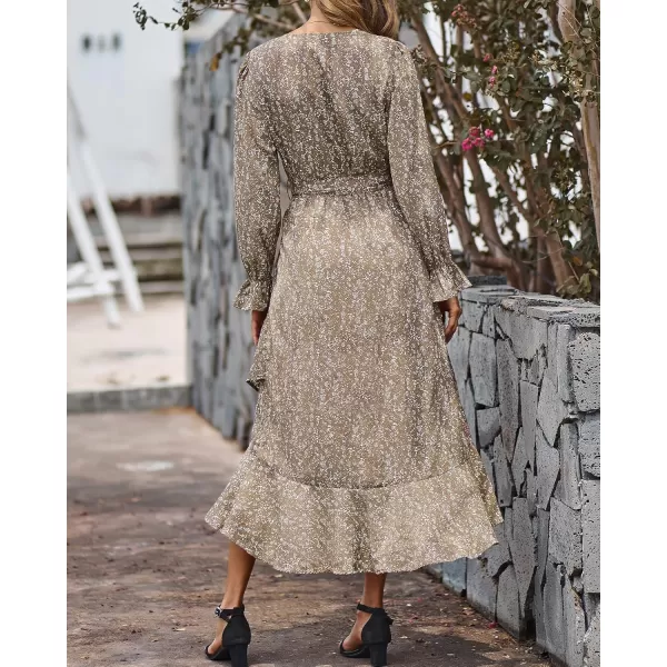 BTFBM Women Long Sleeve Wrap Maxi Dress V Neck Boho Floral High Waist Flowy Ruffle 2024 Spring Summer Dresses with BeltFloral Brown