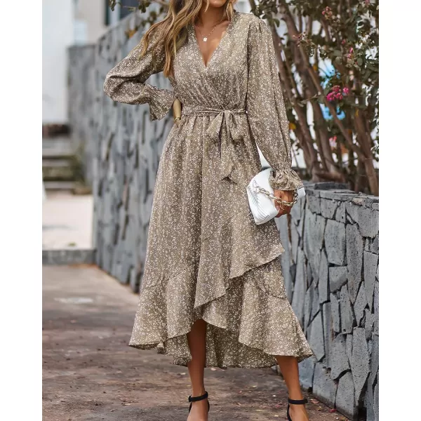 BTFBM Women Long Sleeve Wrap Maxi Dress V Neck Boho Floral High Waist Flowy Ruffle 2024 Spring Summer Dresses with BeltFloral Brown
