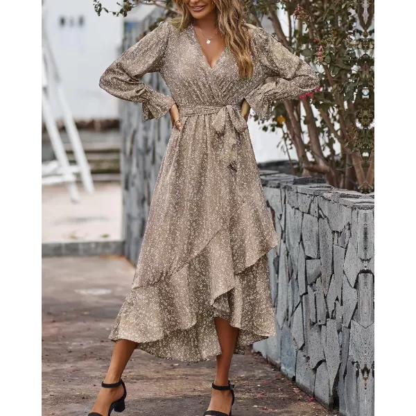 BTFBM Women Long Sleeve Wrap Maxi Dress V Neck Boho Floral High Waist Flowy Ruffle 2024 Spring Summer Dresses with BeltFloral Brown