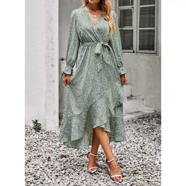 BTFBM Women Long Sleeve Wrap Maxi Dress V Neck Boho Floral High Waist Flowy Ruffle 2024 Spring Summer Dresses with BeltFloral Green