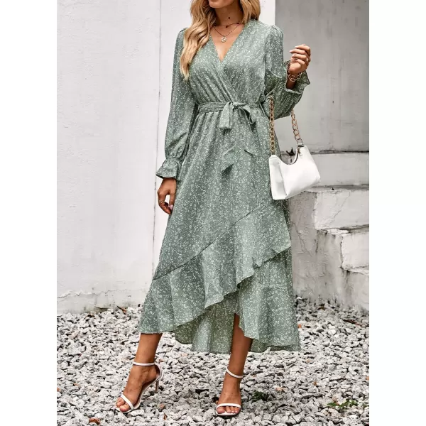 BTFBM Women Long Sleeve Wrap Maxi Dress V Neck Boho Floral High Waist Flowy Ruffle 2024 Spring Summer Dresses with BeltFloral Green