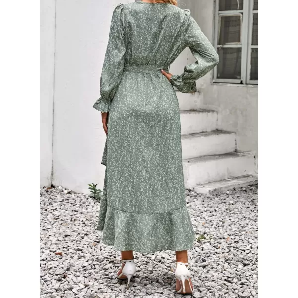 BTFBM Women Long Sleeve Wrap Maxi Dress V Neck Boho Floral High Waist Flowy Ruffle 2024 Spring Summer Dresses with BeltFloral Green
