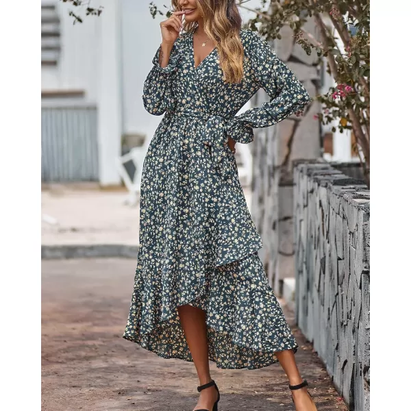 BTFBM Women Long Sleeve Wrap Maxi Dress V Neck Boho Floral High Waist Flowy Ruffle 2024 Spring Summer Dresses with BeltFloral Light Blue Apricot