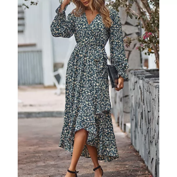 BTFBM Women Long Sleeve Wrap Maxi Dress V Neck Boho Floral High Waist Flowy Ruffle 2024 Spring Summer Dresses with BeltFloral Light Blue Apricot
