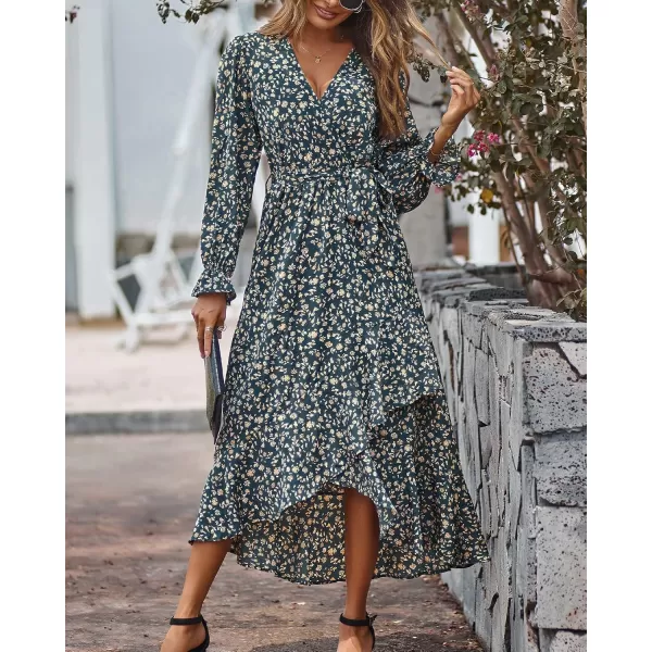 BTFBM Women Long Sleeve Wrap Maxi Dress V Neck Boho Floral High Waist Flowy Ruffle 2024 Spring Summer Dresses with BeltFloral Light Blue Apricot