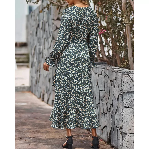 BTFBM Women Long Sleeve Wrap Maxi Dress V Neck Boho Floral High Waist Flowy Ruffle 2024 Spring Summer Dresses with BeltFloral Light Blue Apricot