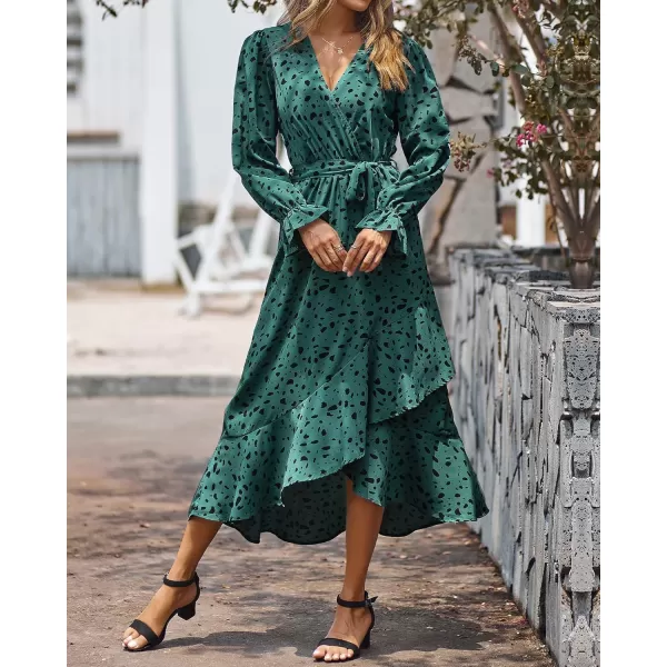 BTFBM Women Long Sleeve Wrap Maxi Dress V Neck Boho Floral High Waist Flowy Ruffle 2024 Spring Summer Dresses with BeltLeopard Dot Green